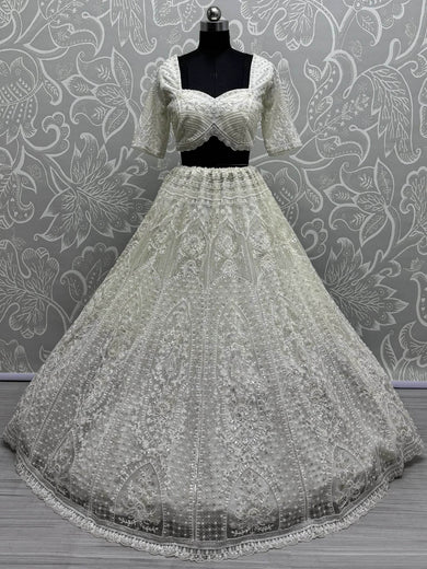 Fantastic White Pearl Work Net Monochrome Lehenga Choli With Dupatta - Ethnic Plus In